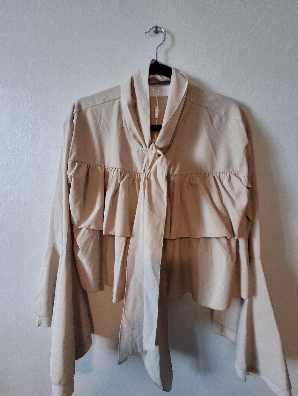 Beige Ruffle Tie-Neck Blouse